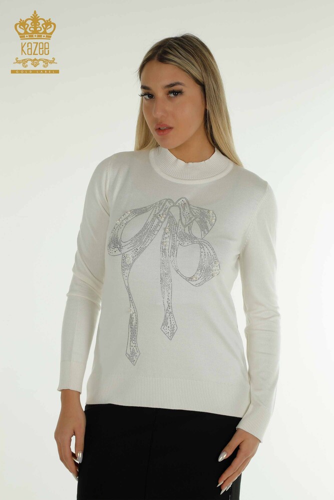 Wholesale Women's Knitwear Sweater Beaded Stone Embroidered Ecru - 30672 | KAZEE - 1