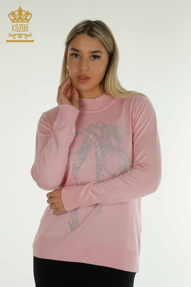 Wholesale Women's Knitwear Sweater Beaded Stone Embroidered Pink - 30672 | KAZEE - 1