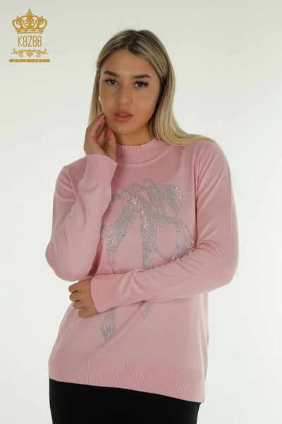 Wholesale Women's Knitwear Sweater Beaded Stone Embroidered Pink - 30672 | KAZEE 