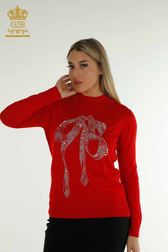 Wholesale Women's Knitwear Sweater Beaded Stone Embroidered Red - 30672 | KAZEE - 1