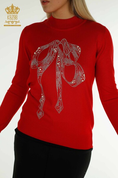 Wholesale Women's Knitwear Sweater Beaded Stone Embroidered Red - 30672 | KAZEE - 2