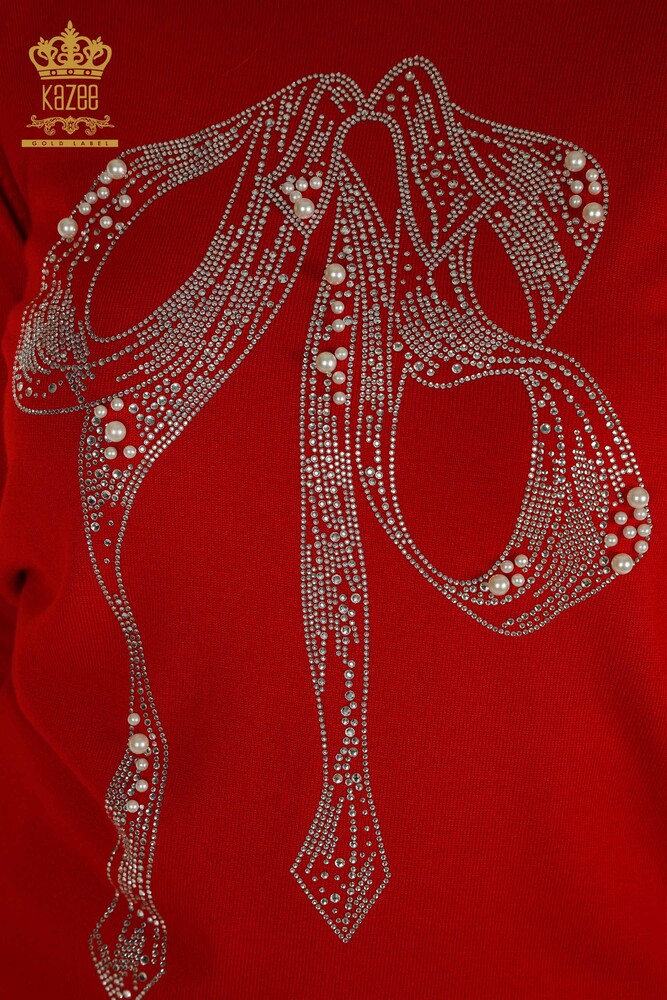 Wholesale Women's Knitwear Sweater Beaded Stone Embroidered Red - 30672 | KAZEE - 3