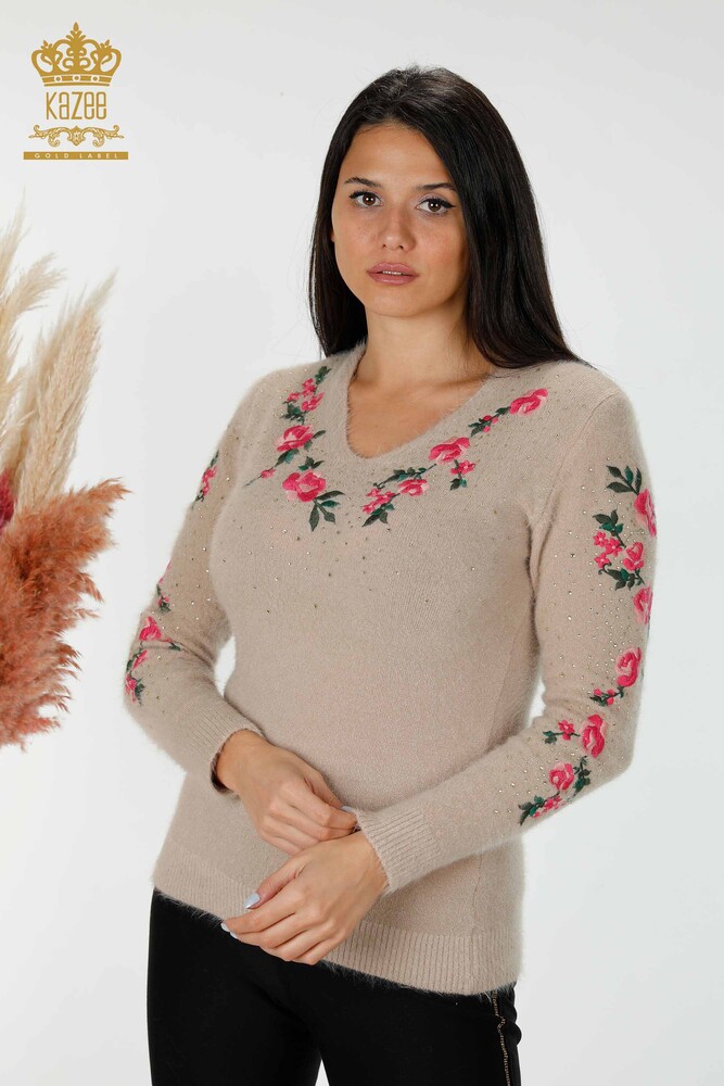 Wholesale Women's Knitwear Sweater Stone Embroidered Floral Pattern Beige - 18916 | KAZEE - 1