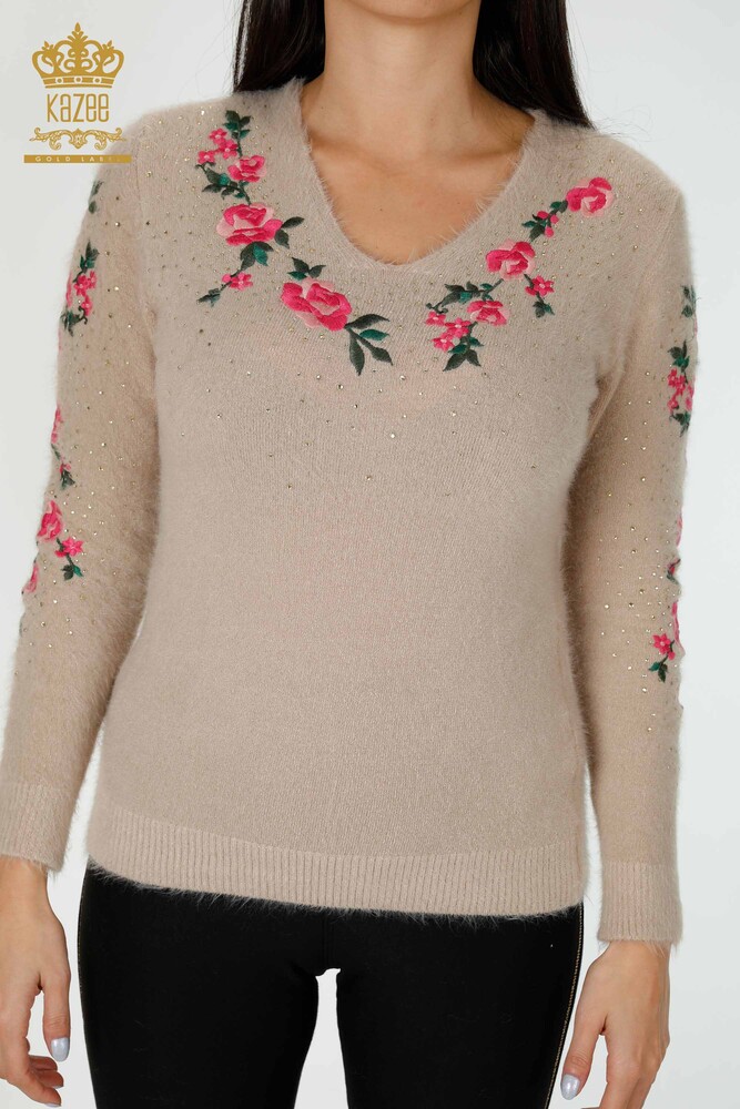 Wholesale Women's Knitwear Sweater Stone Embroidered Floral Pattern Beige - 18916 | KAZEE - 2