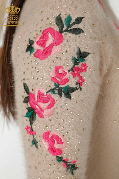 Wholesale Women's Knitwear Sweater Stone Embroidered Floral Pattern Beige - 18916 | KAZEE - 5