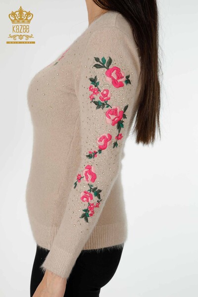 Wholesale Women's Knitwear Sweater Stone Embroidered Floral Pattern Beige - 18916 | KAZEE - 6