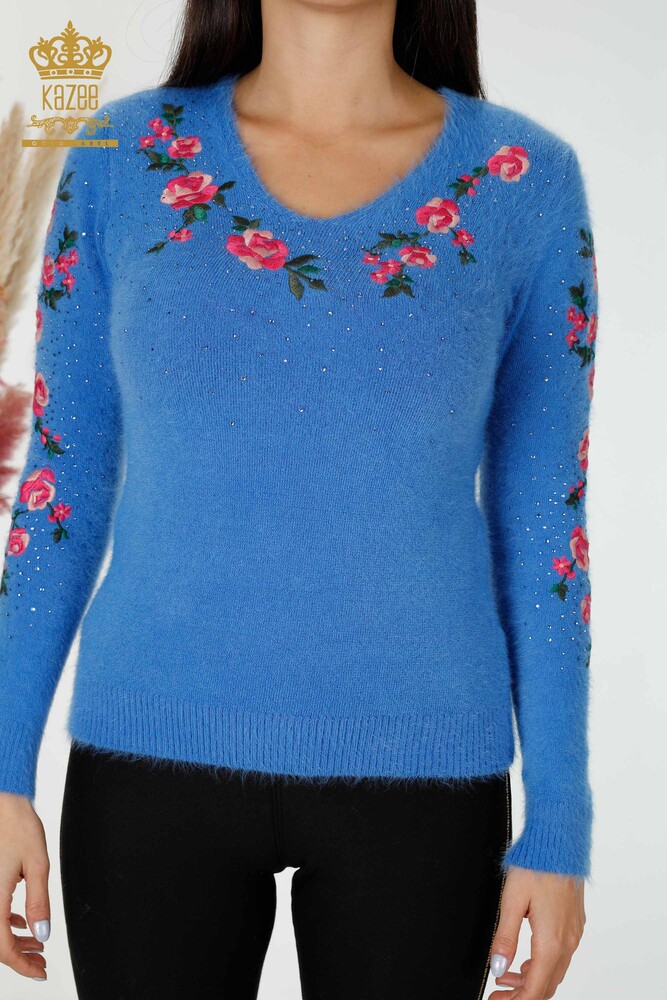 Wholesale Women's Knitwear Sweater Crew Neck Blue - 18916 | KAZEE - 2