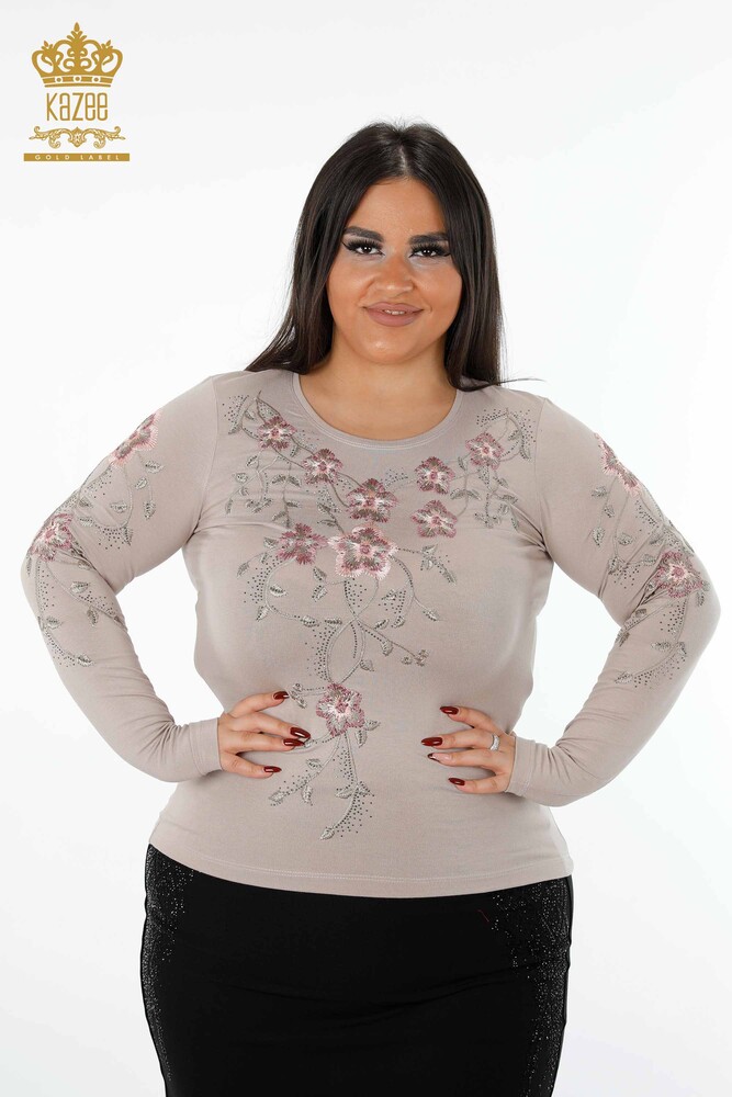 Wholesale Women's Knitwear Sweater Crew Neck Flower Patterned Stone Embroidery - 79017 | KAZEE - 1