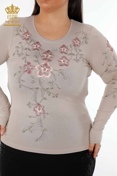 Wholesale Women's Knitwear Sweater Crew Neck Flower Patterned Stone Embroidery - 79017 | KAZEE - 2