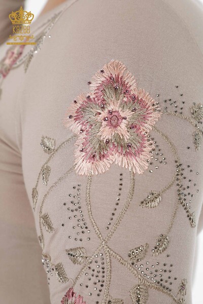 Wholesale Women's Knitwear Sweater Crew Neck Flower Patterned Stone Embroidery - 79017 | KAZEE - 6