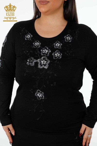 Wholesale Women's Knitwear Sweater Crew Neck Flower Patterned Stone Embroidery - 79017 | KAZEE - 9