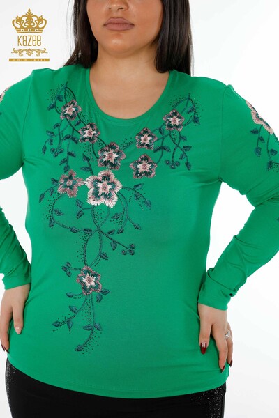 Wholesale Women's Knitwear Sweater Crew Neck Flower Patterned Stone Embroidery - 79017 | KAZEE - 30