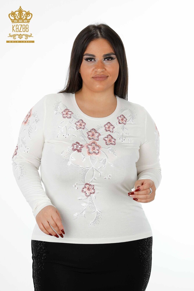 Wholesale Women's Knitwear Sweater Crew Neck Flower Patterned Stone Embroidery - 79017 | KAZEE - 36