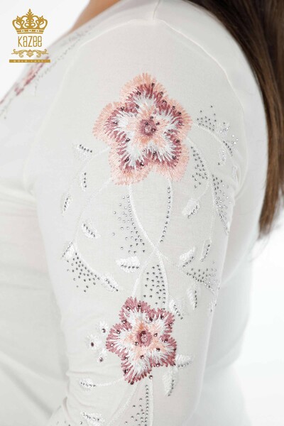 Wholesale Women's Knitwear Sweater Crew Neck Flower Patterned Stone Embroidery - 79017 | KAZEE - 41