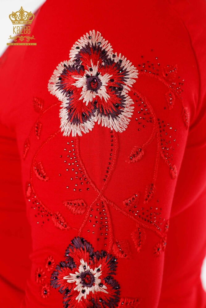 Wholesale Women's Knitwear Sweater Crew Neck Flower Patterned Stone Embroidery - 79017 | KAZEE - 48