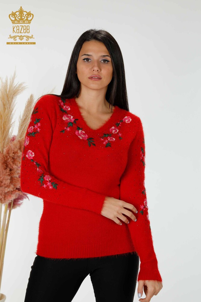 Wholesale Women's Knitwear Sweater Stone Embroidered Floral Pattern Red - 18916 | KAZEE - 1