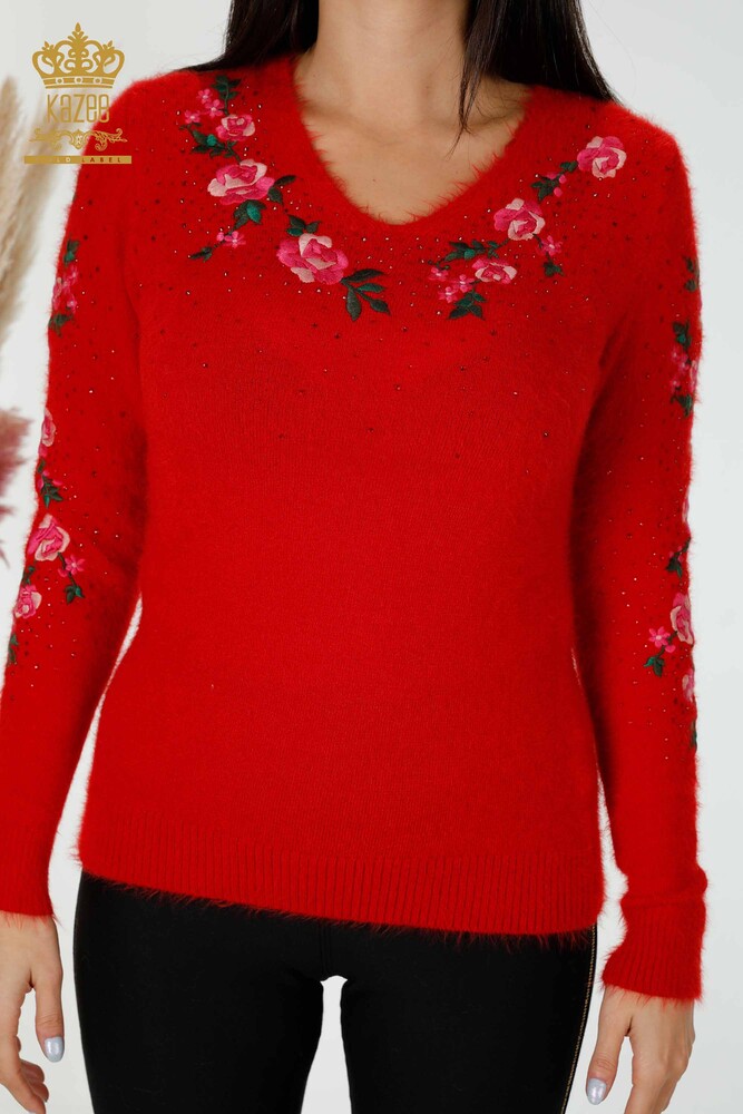 Wholesale Women's Knitwear Sweater Stone Embroidered Floral Pattern Red - 18916 | KAZEE - 2