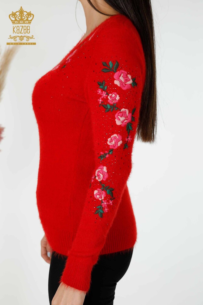 Wholesale Women's Knitwear Sweater Stone Embroidered Floral Pattern Red - 18916 | KAZEE - 5