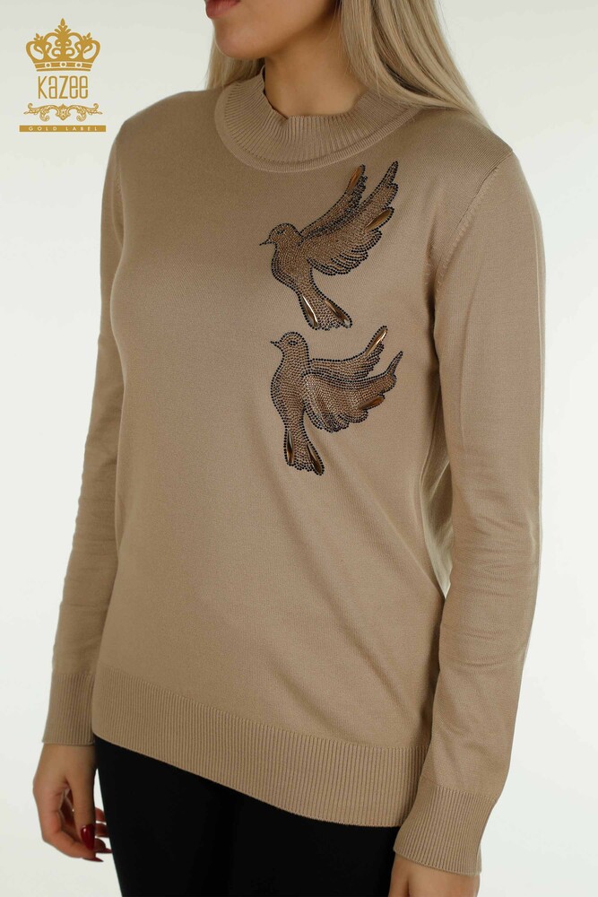 Wholesale Women's Knitwear Sweater - Bird Embroidered - Beige - 30745 | KAZEE - 2