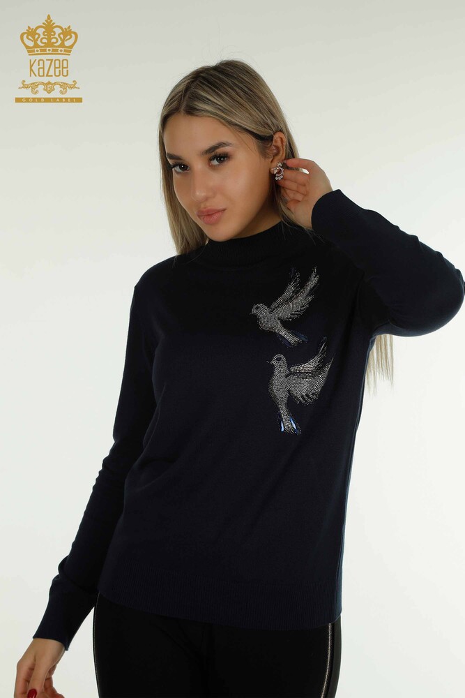 Wholesale Women's Knitwear Sweater Bird Embroidered Navy Blue - 30745 | KAZEE - 1