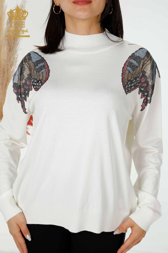 Wholesale Women's Knitwear Sweater Butterfly Patterned Ecru - 30004 | KAZEE - 2