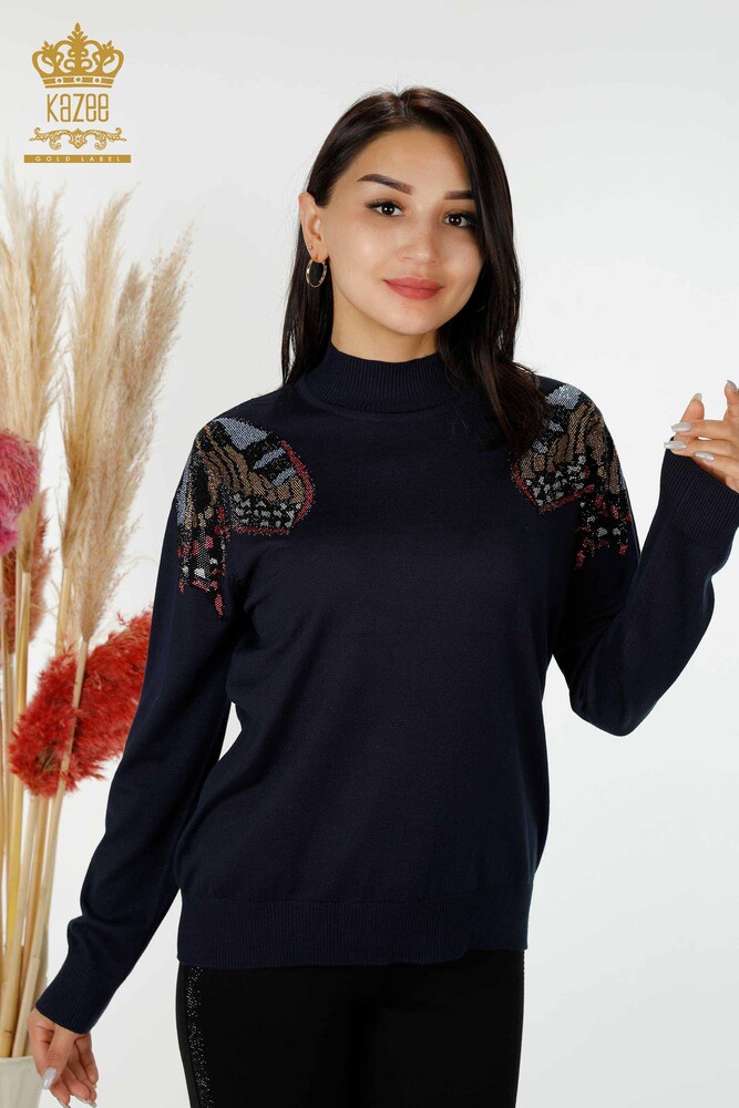 Wholesale Women's Knitwear Sweater Butterfly Patterned Navy - 30004 | KAZEE - 1