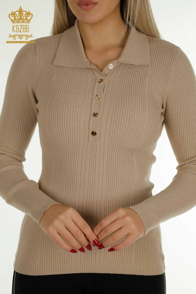 Wholesale Women's Knitwear Sweater Button Detailed Beige - 30364 | KAZEE - 2