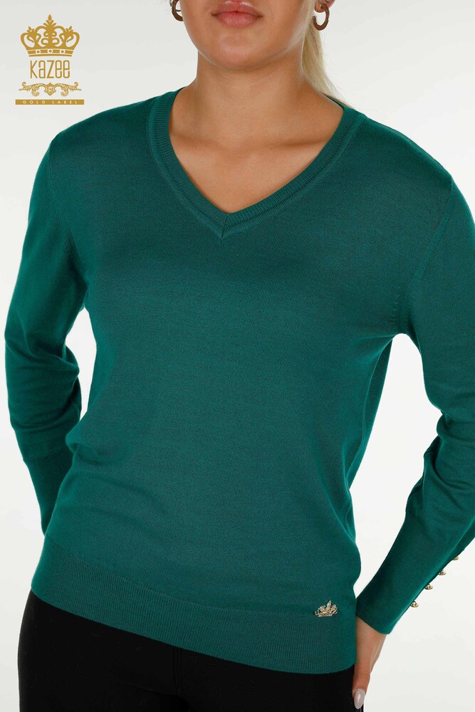 Wholesale Women's Knitwear Sweater Button Detailed Dark Green - 30139 | KAZEE - 2