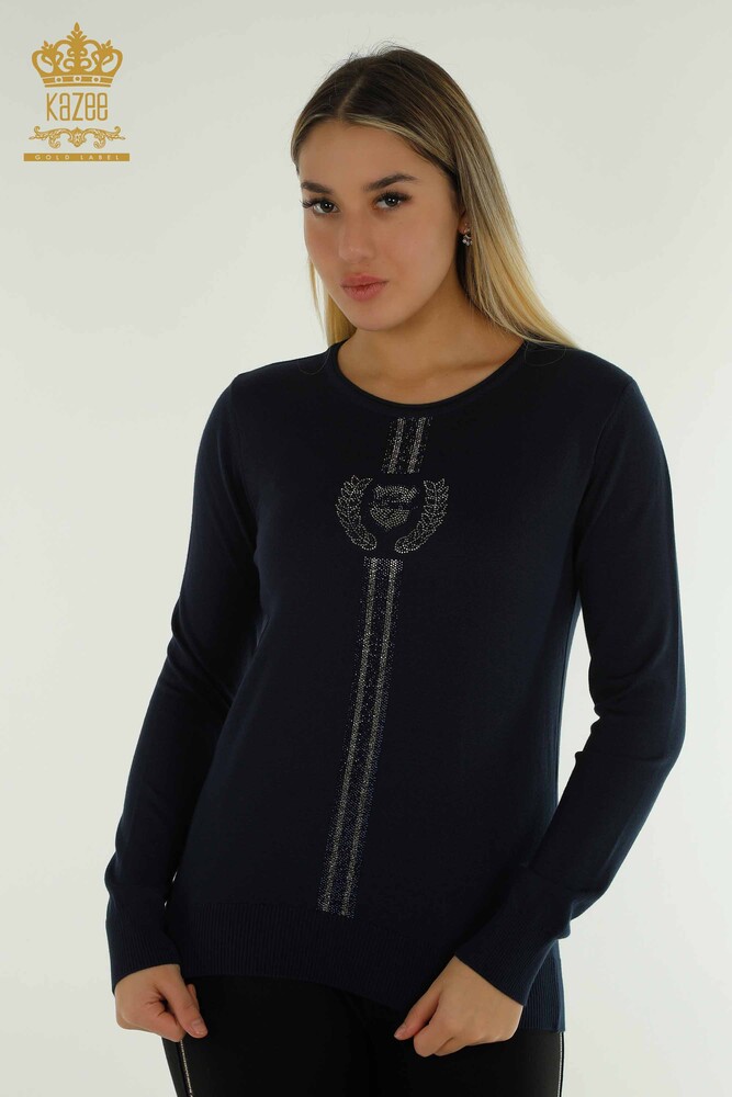 Wholesale Women's Knitwear Sweater Crew Neck Navy Blue - 30457 | KAZEE - 1