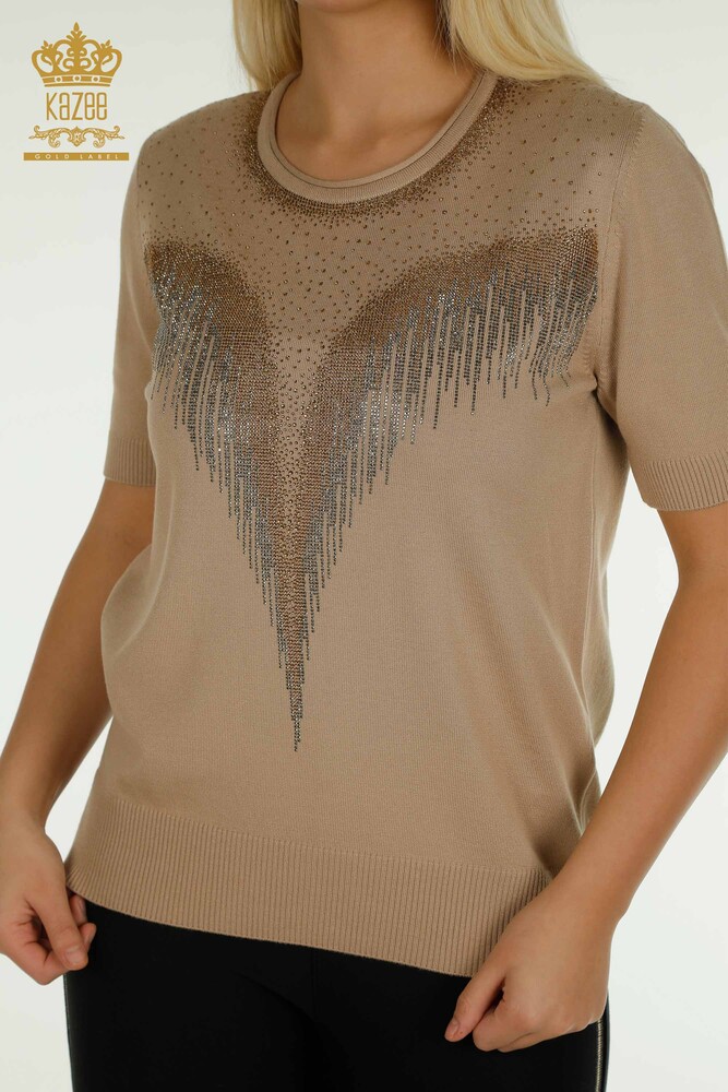 Wholesale Women's Knitwear Sweater Crystal Stone Embroidered Beige - 30330 | KAZEE - 2