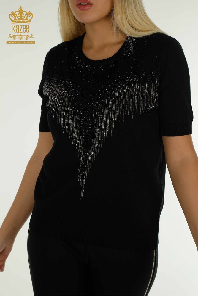 Wholesale Women's Knitwear Sweater Black with Crystal Stone Embroidery - 30330 | KAZEE - 2