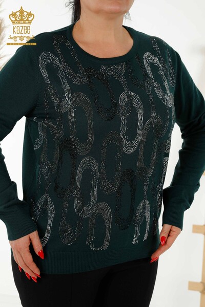 Wholesale Women's Knitwear Sweater - Crystal Stone Embroidered - Dark Green - 16964 | KAZEE - 2