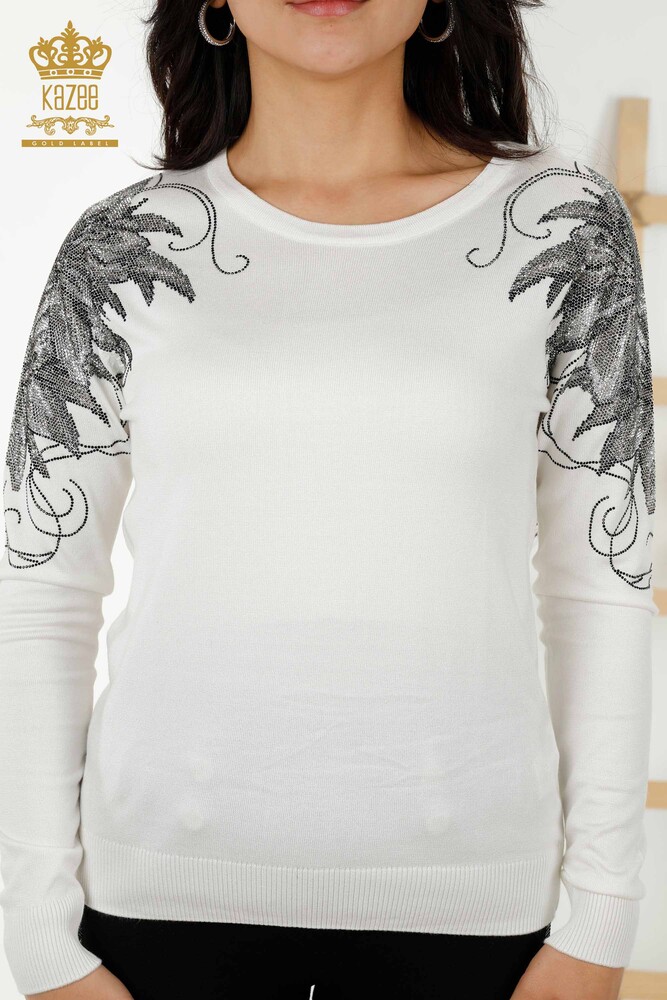 Wholesale Women's Knitwear Sweater Crystal Stone Embroidered Ecru - 30210 | KAZEE - 2