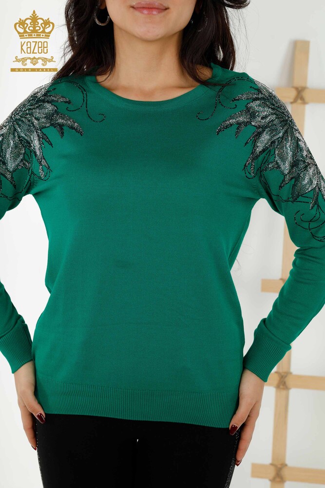 Wholesale Women's Knitwear Sweater Crystal Stone Embroidered Green - 30210 | KAZEE - 2