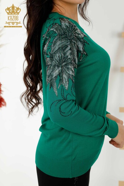 Wholesale Women's Knitwear Sweater Crystal Stone Embroidered Green - 30210 | KAZEE - 4