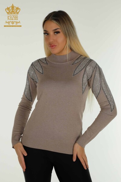 Wholesale Women's Knitwear Sweater Crystal Stone Embroidered Mink - 30114 | KAZEE - Thumbnail