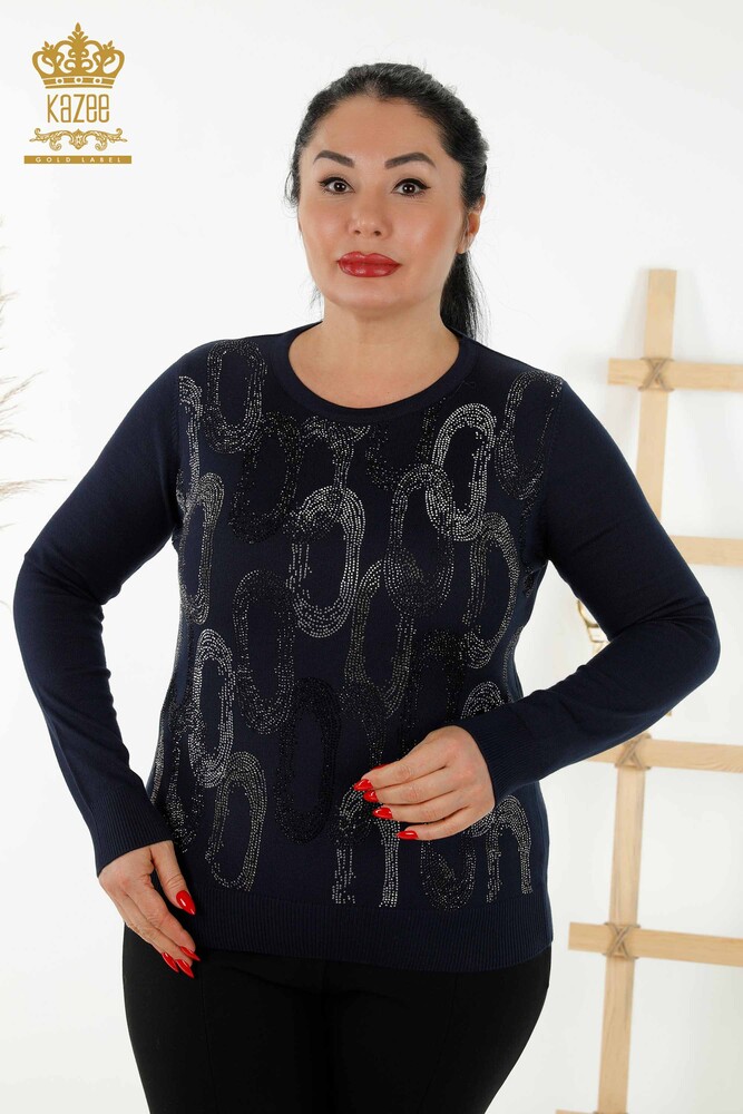 Wholesale Women's Knitwear Sweater - Crystal Stone Embroidered - Navy Blue - 16964 | KAZEE - 1