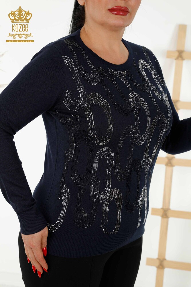 Wholesale Women's Knitwear Sweater - Crystal Stone Embroidered - Navy Blue - 16964 | KAZEE - 2