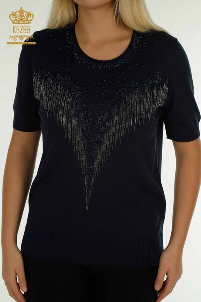 Wholesale Women's Knitwear Sweater Crystal Stone Embroidered Navy Blue - 30330 | KAZEE - 2