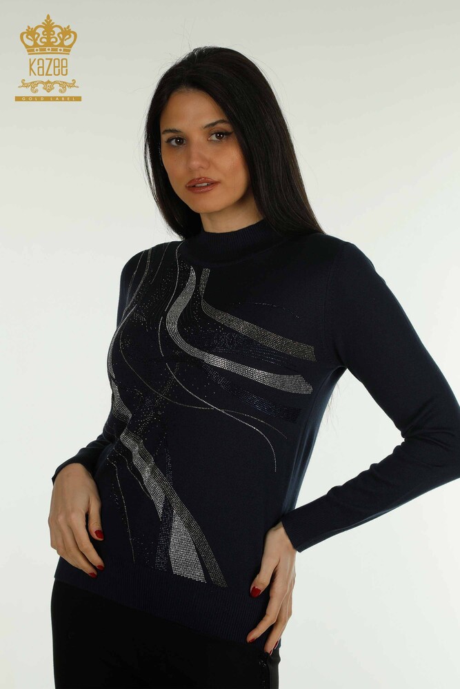 Wholesale Women's Knitwear Sweater Crystal Stone Embroidered Navy Blue - 30469 | KAZEE - 1