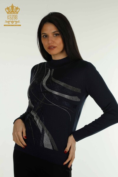 Wholesale Women's Knitwear Sweater Crystal Stone Embroidered Navy Blue - 30469 | KAZEE - Kazee