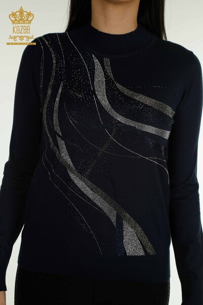 Wholesale Women's Knitwear Sweater Crystal Stone Embroidered Navy Blue - 30469 | KAZEE - 2