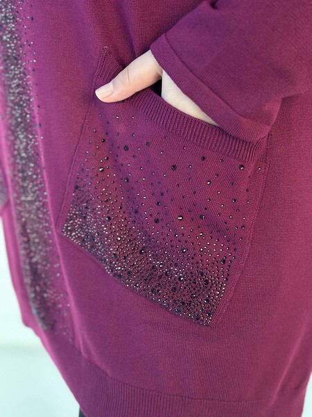 Wholesale Women's Knitwear Sweater Crystal Stone Embroidered Pocket Detailed Purple - 30602 | KAZEE - Thumbnail