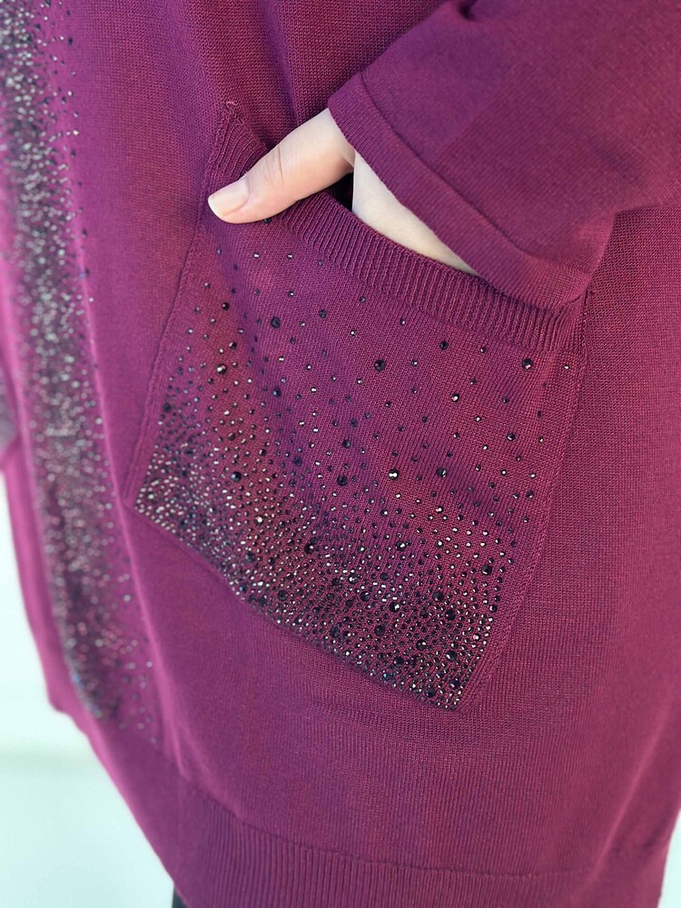 Wholesale Women's Knitwear Sweater Crystal Stone Embroidered Pocket Detailed Purple - 30602 | KAZEE - 5