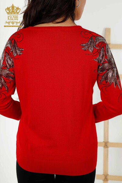 Wholesale Women's Knitwear Sweater Crystal Stone Embroidered Red - 30210 | KAZEE - 6