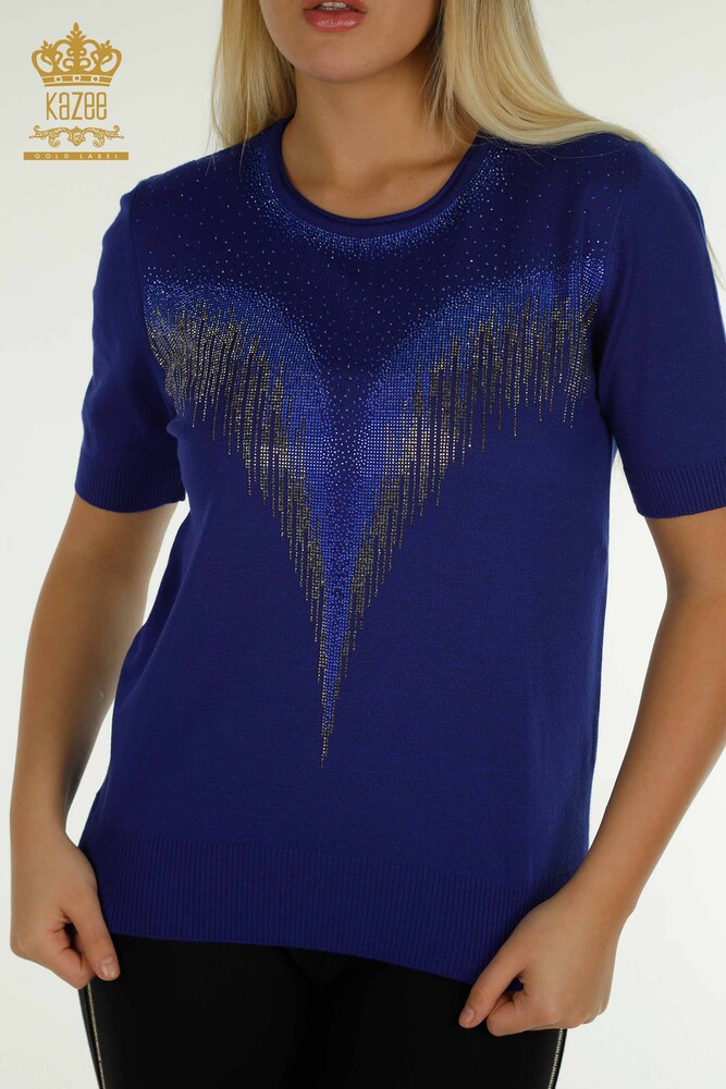 Wholesale Women's Knitwear Sweater Crystal Stone Embroidered Saks - 30330 | KAZEE - 2