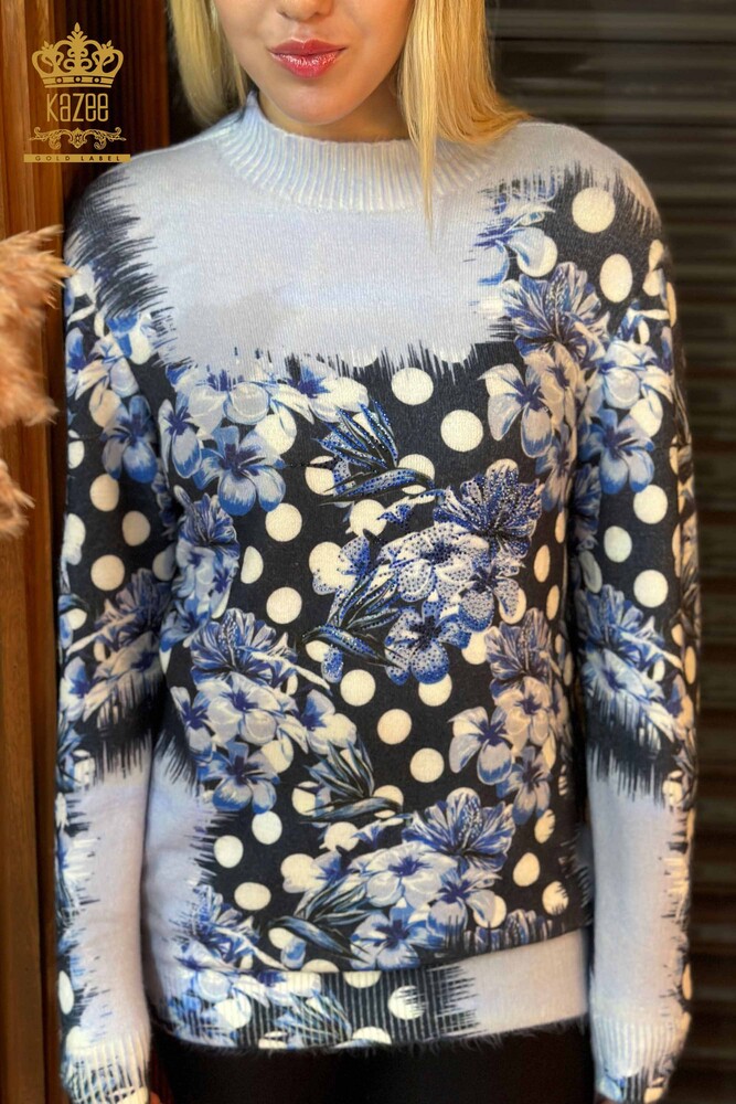 Wholesale Women's Knitwear Sweater Digital Print Angora Blue - 18922 | KAZEE - 2