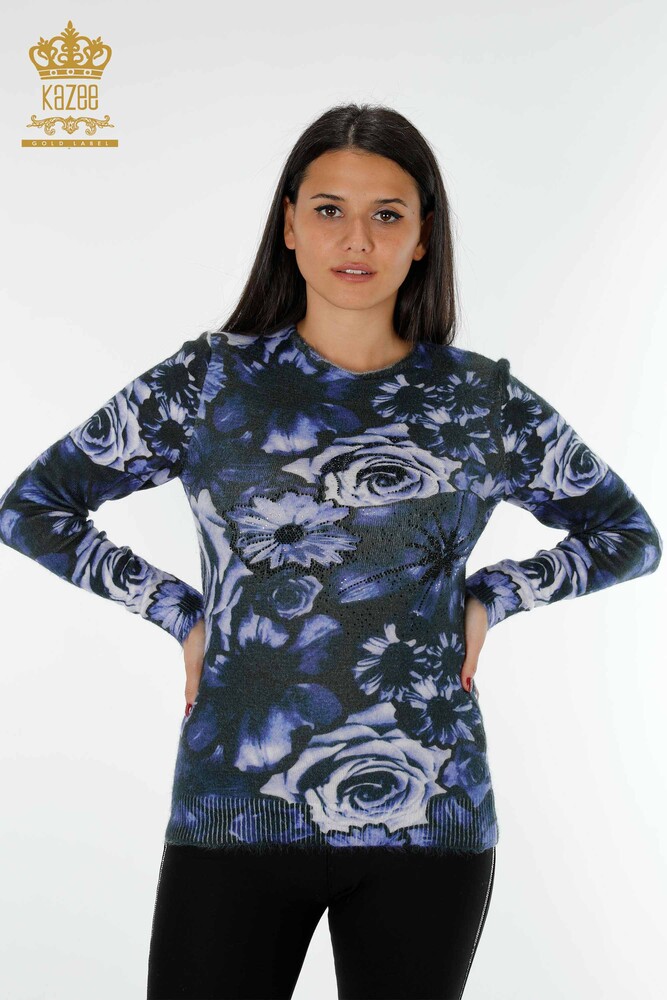 Wholesale Women's Knitwear Sweater Digital Print Navy - 18968 | KAZEE - 1