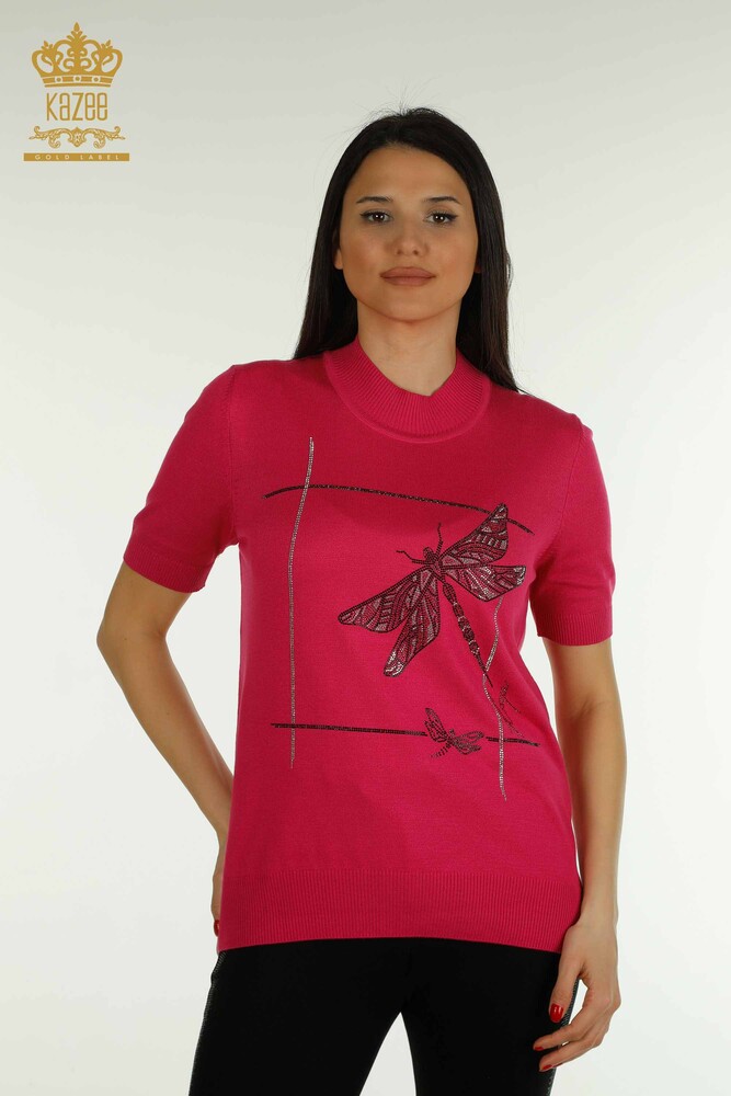 Wholesale Women's Knitwear Sweater with Dragonfly Detail Fuchsia - 30650 | KAZEE - 1