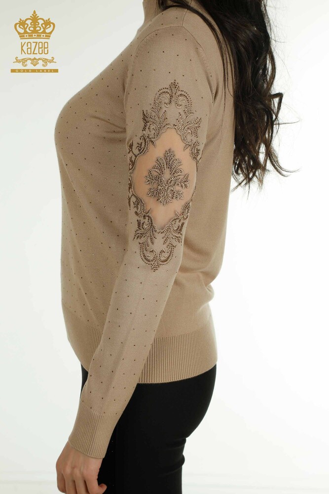 Wholesale Women's Knitwear Sweater Embroidered Beige - 30892 | KAZEE - 4